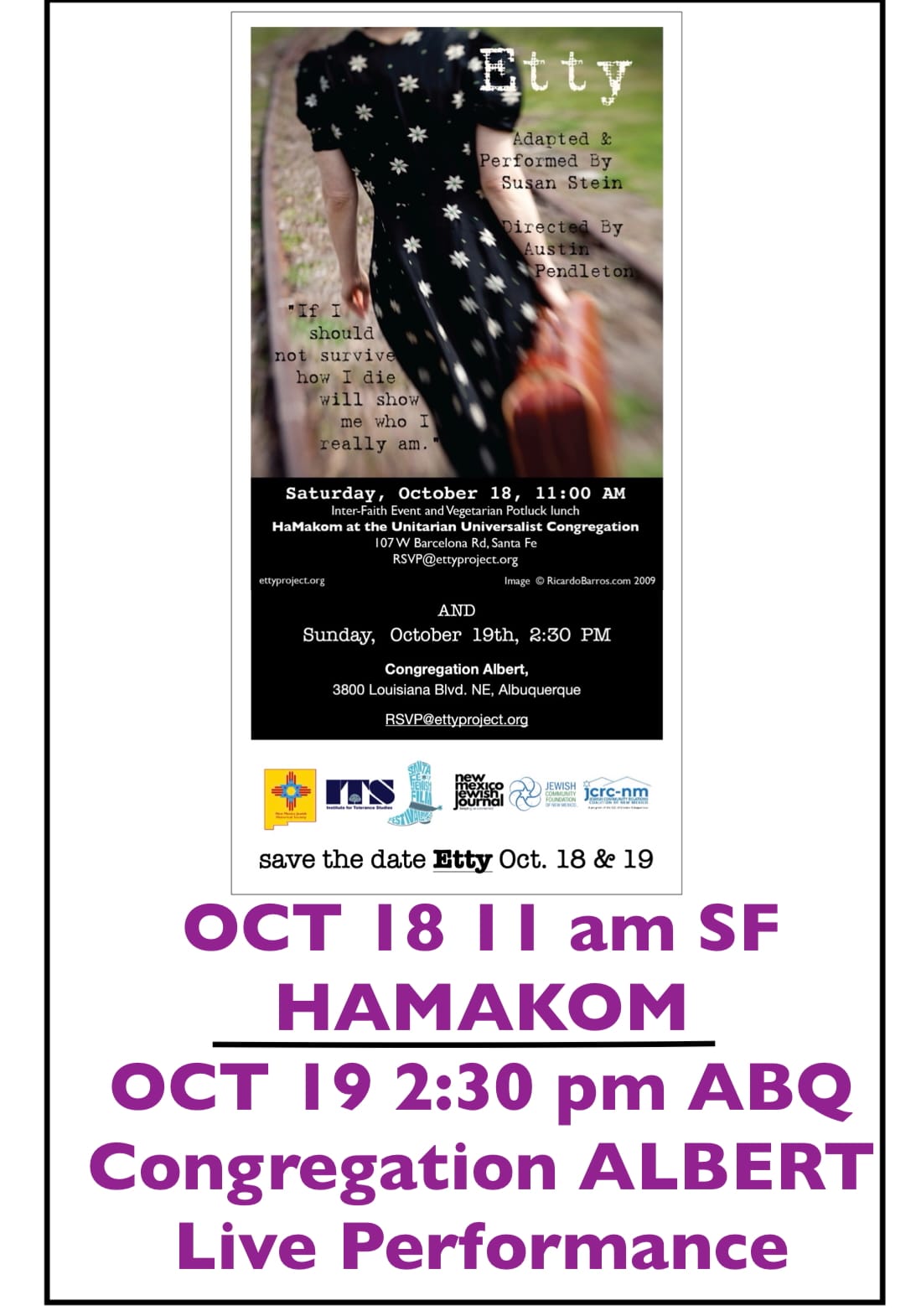 "Etty" LIVE PLAY OCT. 18th, 11 a.m. Hamakom, Santa Fe & OCT. 19th, 2:30 p.m. Congregation Albert, Albuquerque.