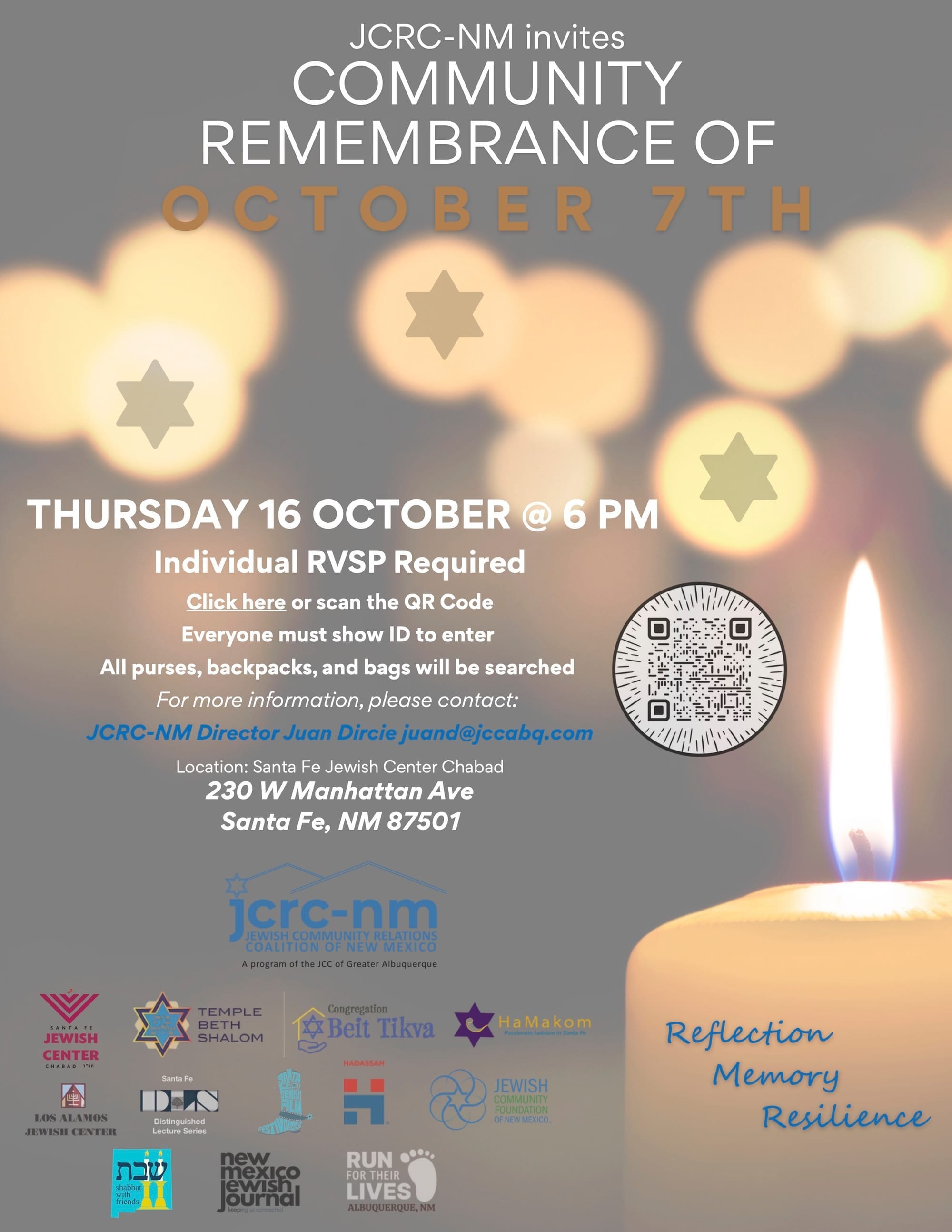 COMMUNITY REMEMBRANCE on October 16 6 PM SANTA FE for Oct. 7th Memorial