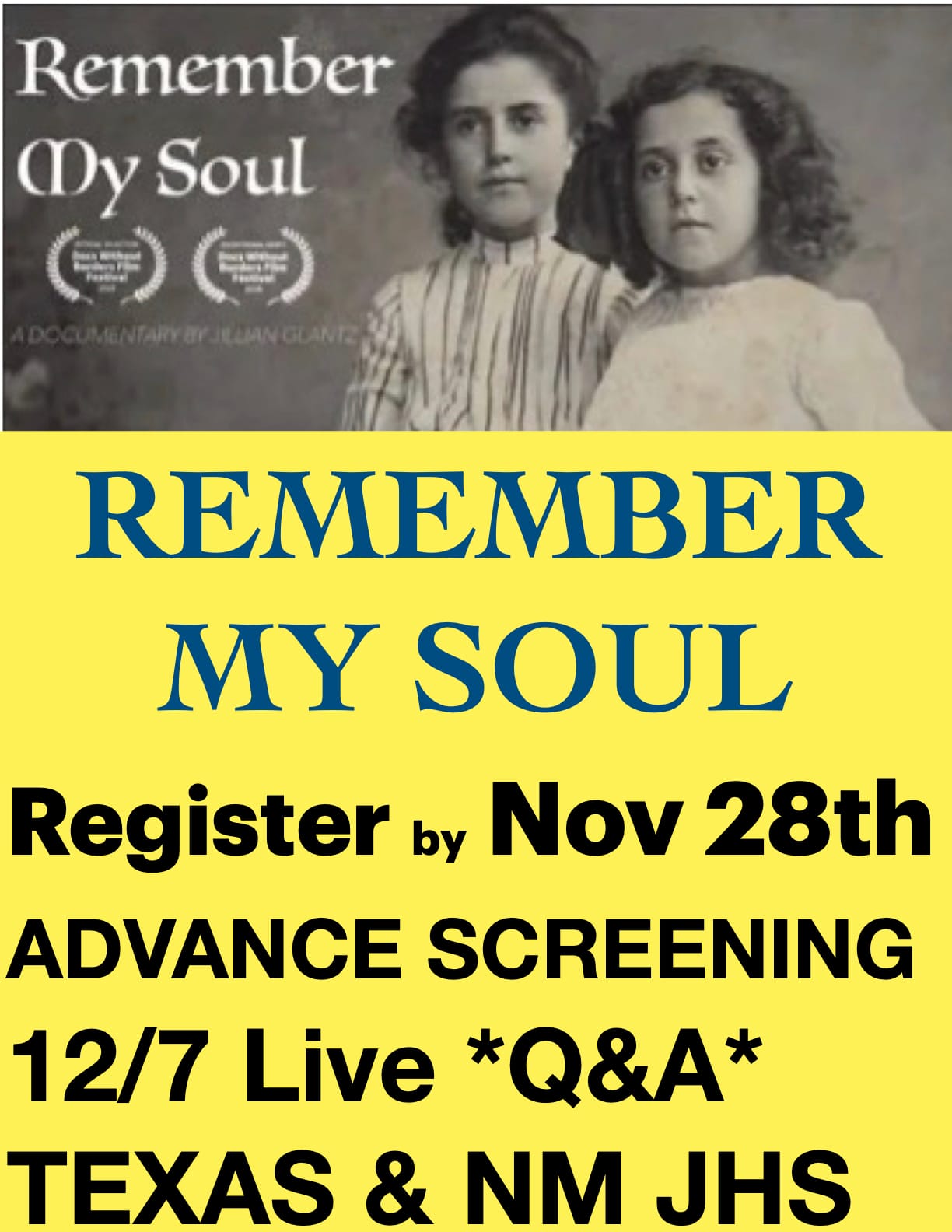 REMEMBER MY SOUL Register by Nov. 28th for advance screening Dec. 1-6 and Dec. 7th Q&A online