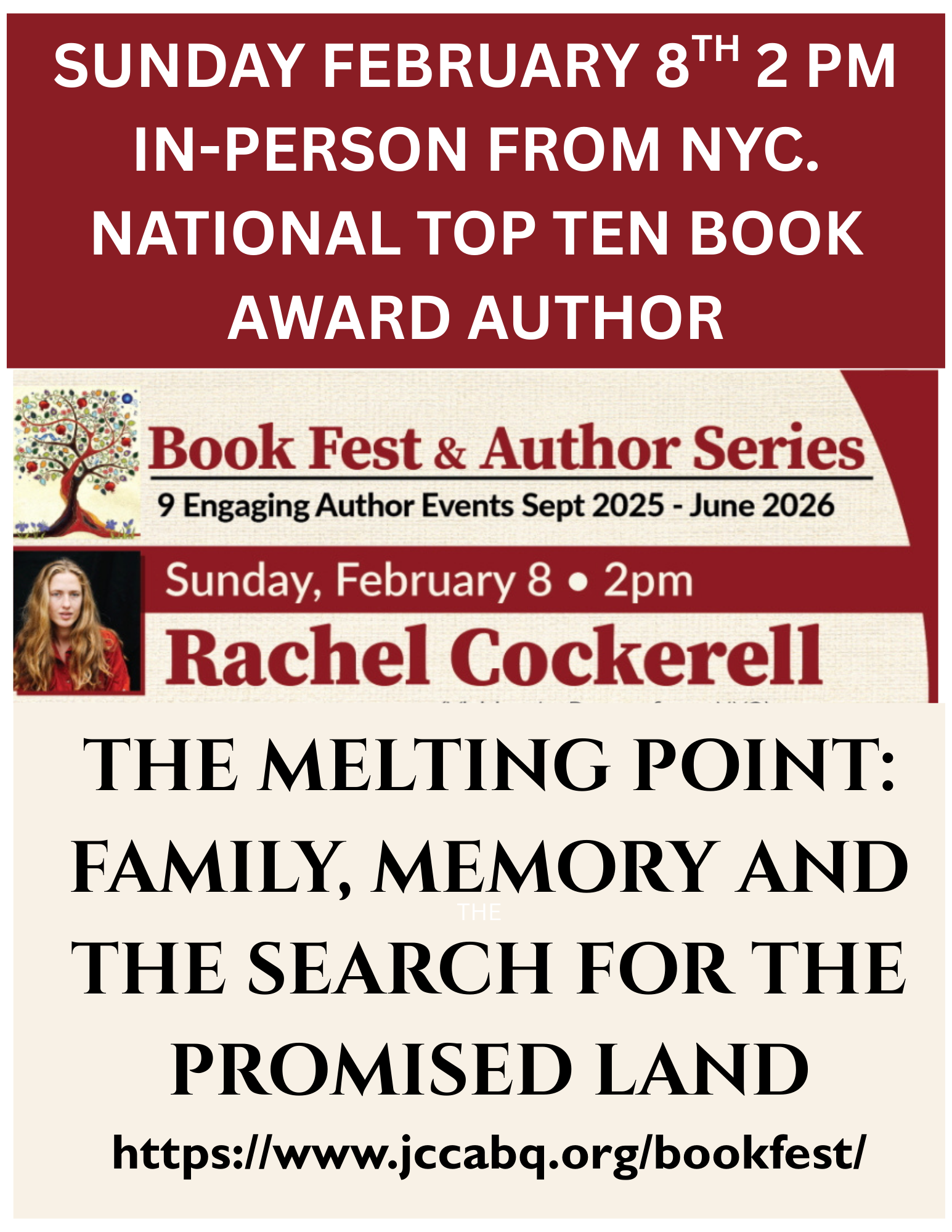 RACHEL COCKERELL  In Person JCC Book Fest Feb. 8th 2 pm "The Melting Point" Ten Best Books - Washington Post & New Yorker