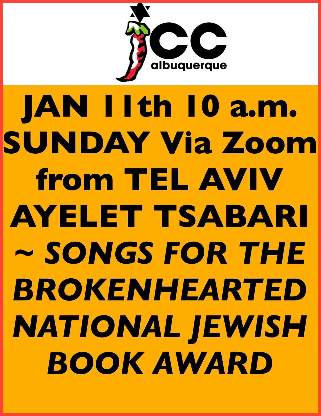 JCC BOOKFEST JAN. 11 via zoom from TEL AVIV - NATIONAL JEWISH BOOK AWARD WINNER AYELET TSABARI - Songs for the Brokenhearted: A Novel