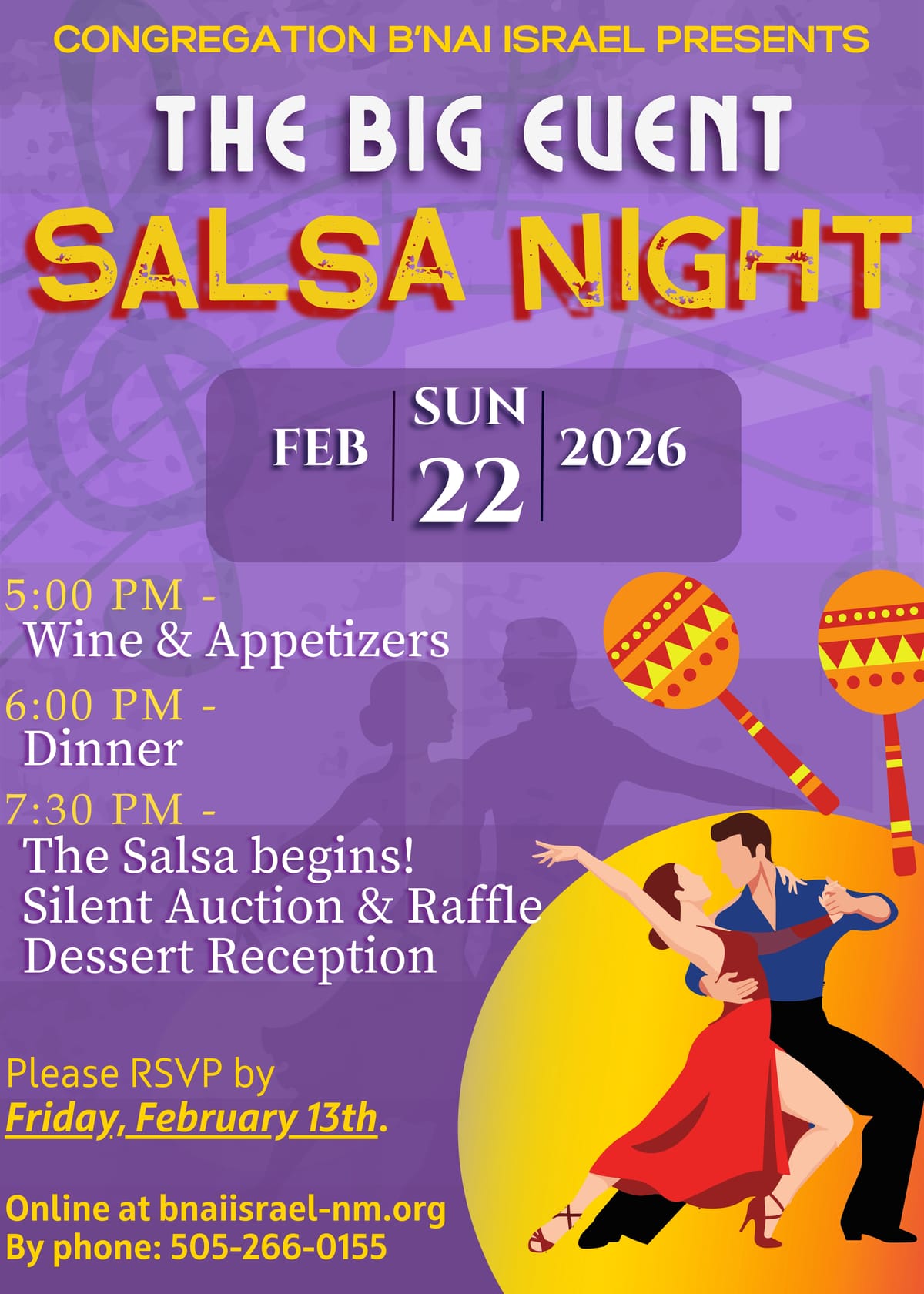 THE BIG EVENT: SALSA NIGHT!! B'NAI ISRAEL SUNDAY, Feb. 22. RSVP by FRIDAY, FEB. 13th!