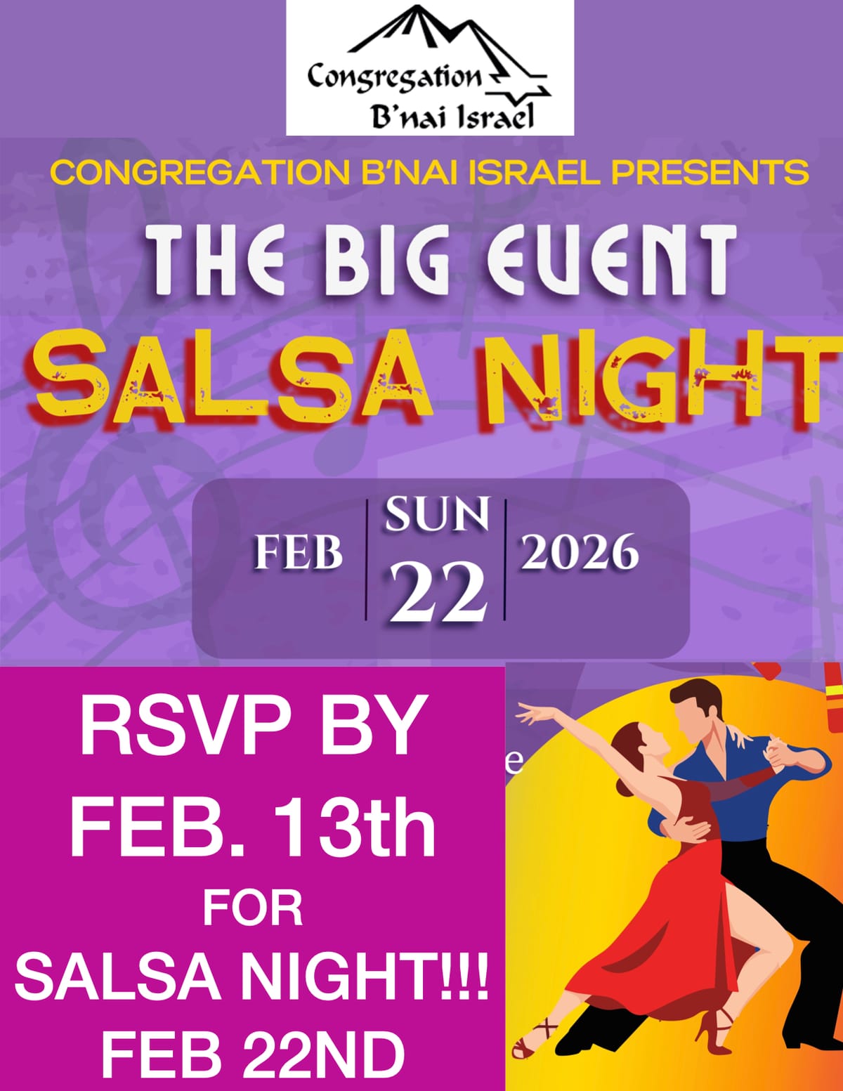 THE BIG EVENT: SALSA NIGHT!! B'NAI ISRAEL SUNDAY, Feb. 22. RSVP by FRIDAY, FEB. 13th!
