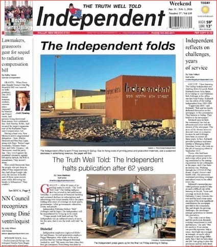 The Independent newspaper in Gallup, New Mexico folds after 62 years