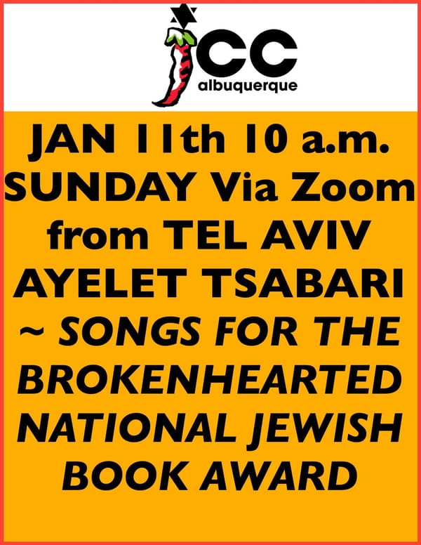 JCC BOOKFEST JAN. 11 via zoom from TEL AVIV - NATIONAL JEWISH BOOK AWARD WINNER AYELET TSABARI - Songs for the Brokenhearted: A Novel